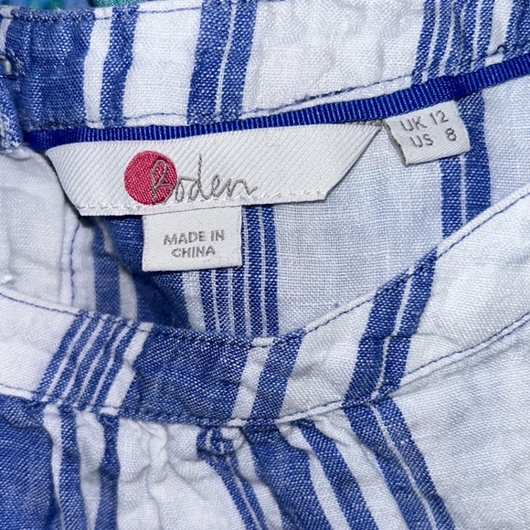 Boden Blue & White Striped Print Linen Button Back 3/4 Sleeve Top Blouse - 8 - Picture 8 of 8